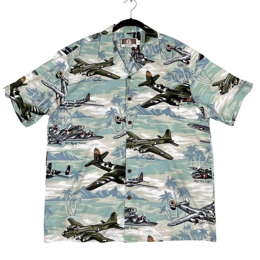 Kalaheo Fighter Bomber Airplanes II Hawaiian Beach Summer Military Camp Shirt L